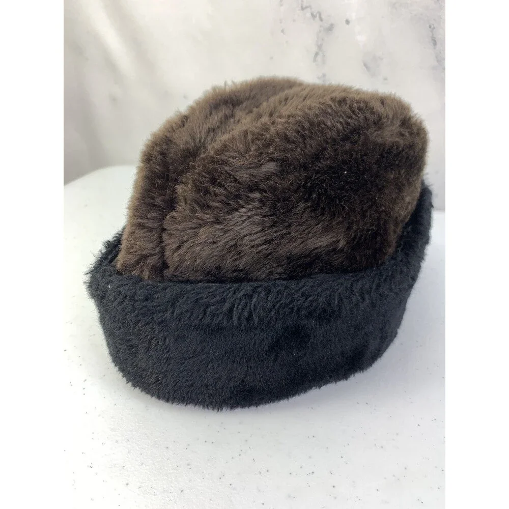 Vintage 50s 60s Fuzzy Hat Faux Fur Ear Warmer Cap Russian Style Brown Aviator